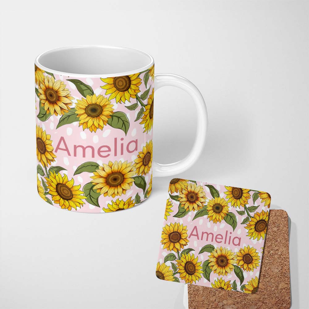 Personalized Custom Name Bright Yellow Sunflower Pink Abstract Background Seamless Pattern 11oz Ceramic Coffee Tea Mug White Large Handle