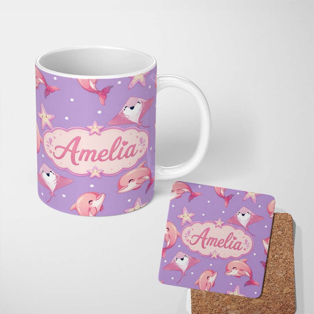 Personalized Custom Name Cute Pink Dolphins and Starfish Seamless Ocean Pattern Purple Lovely 11oz Ceramic Coffee Tea Mug White Large Handle