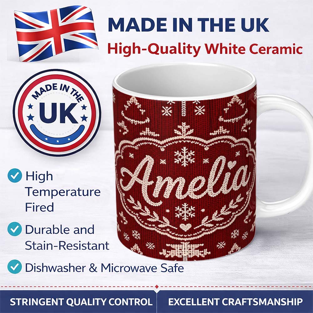 Personalized Custom Name Red Nordic Snowflake Reindeer Knitted Seamless Pattern Lovely 11oz Ceramic Coffee Tea Mug White Large Handle