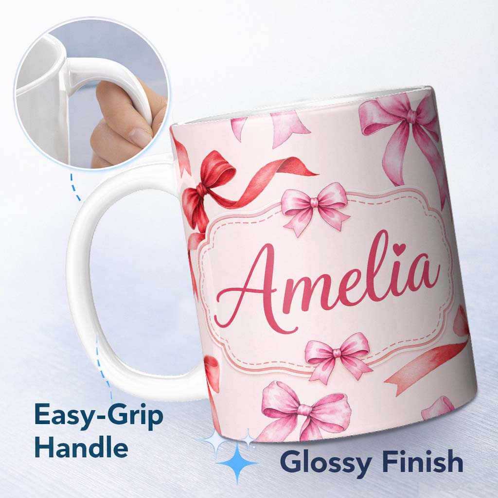 Personalized Custom Name Watercolor Ribbon Bow Seamless Pattern on White Background Lovely 11oz Ceramic Coffee Tea Mug White Large Handle