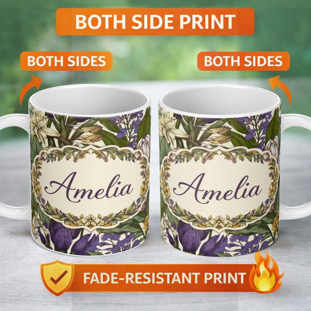 Personalized Custom Name Botanical Floral Garden Illustration Vintage Style Seamless Pattern 11oz Ceramic Coffee Tea Mug White Large Handle