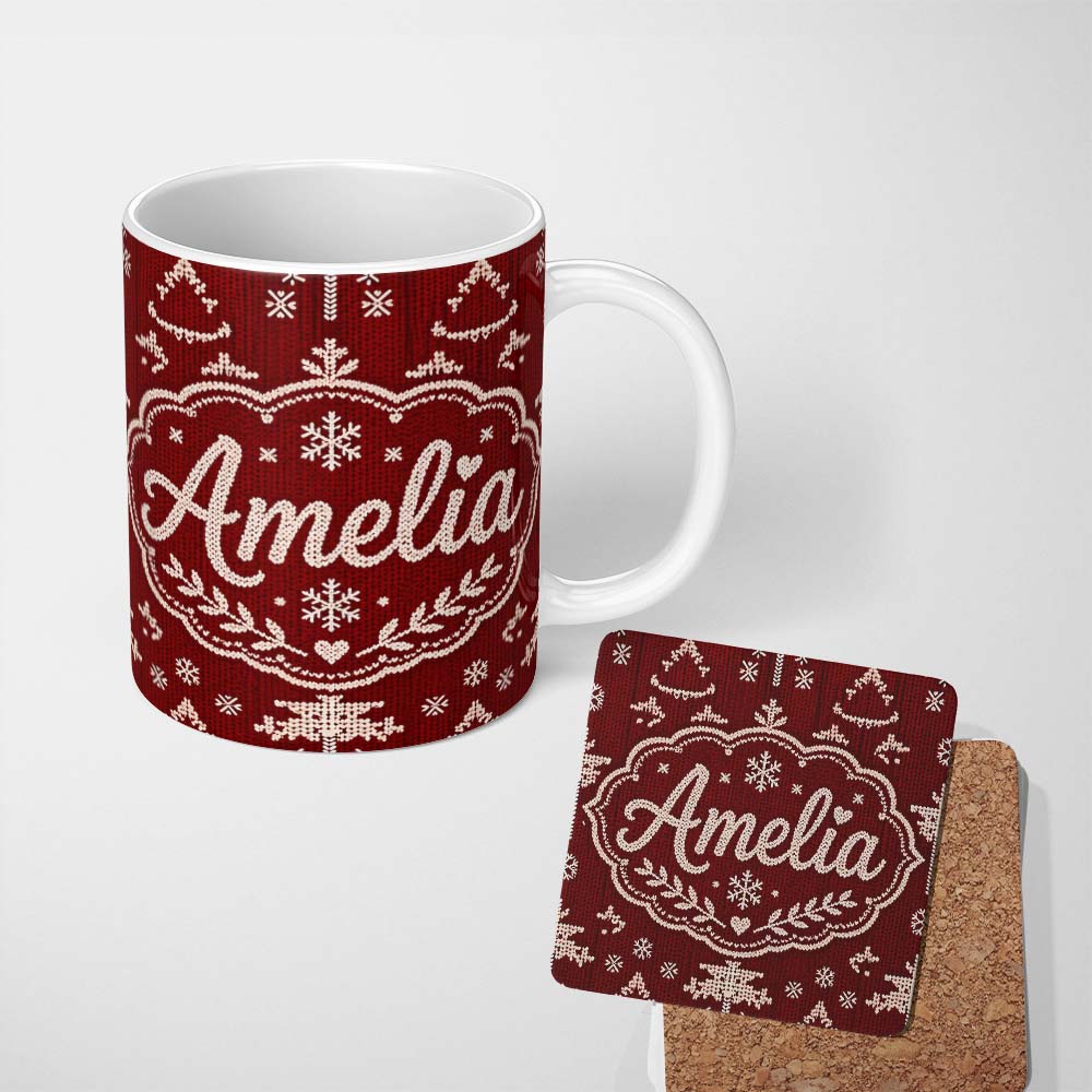 Personalized Custom Name Red Nordic Snowflake Reindeer Knitted Seamless Pattern Lovely 11oz Ceramic Coffee Tea Mug White Large Handle