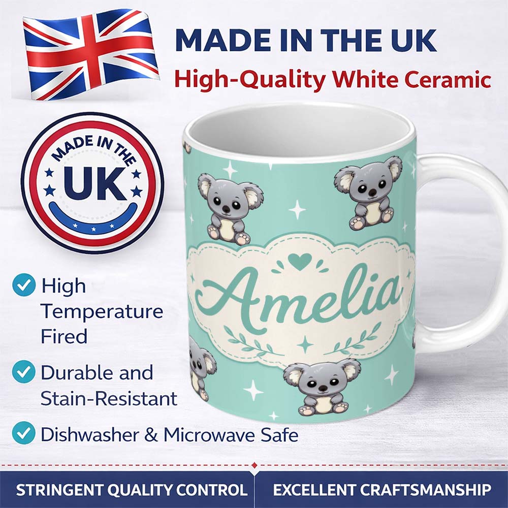 Personalized Custom Name Cute Koala Bears with Stars Mint Green Background Seamless Pattern 11oz Ceramic Coffee Tea Mug White Large Handle
