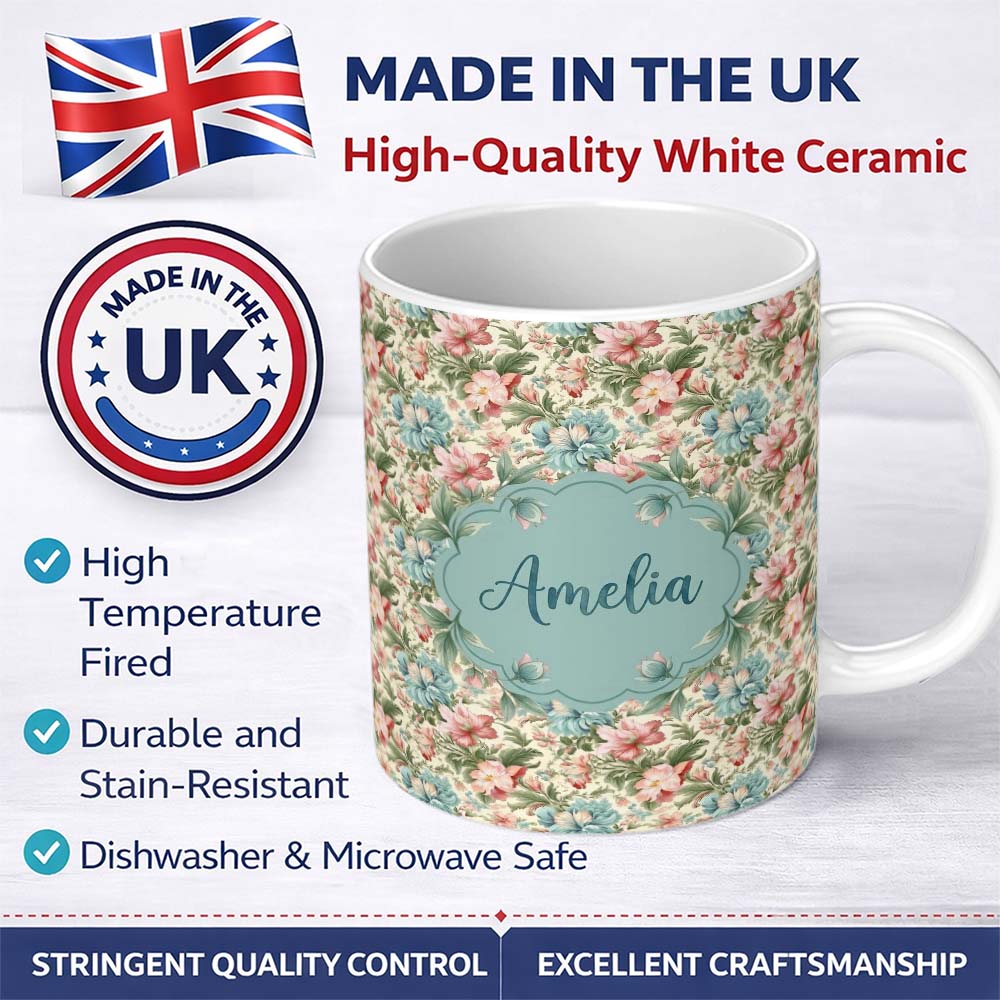 Personalized Custom Name Elegant Vintage Floral Bouquet Garden Seamless Pattern Design Lovely 11oz Ceramic Coffee Tea Mug White Large Handle