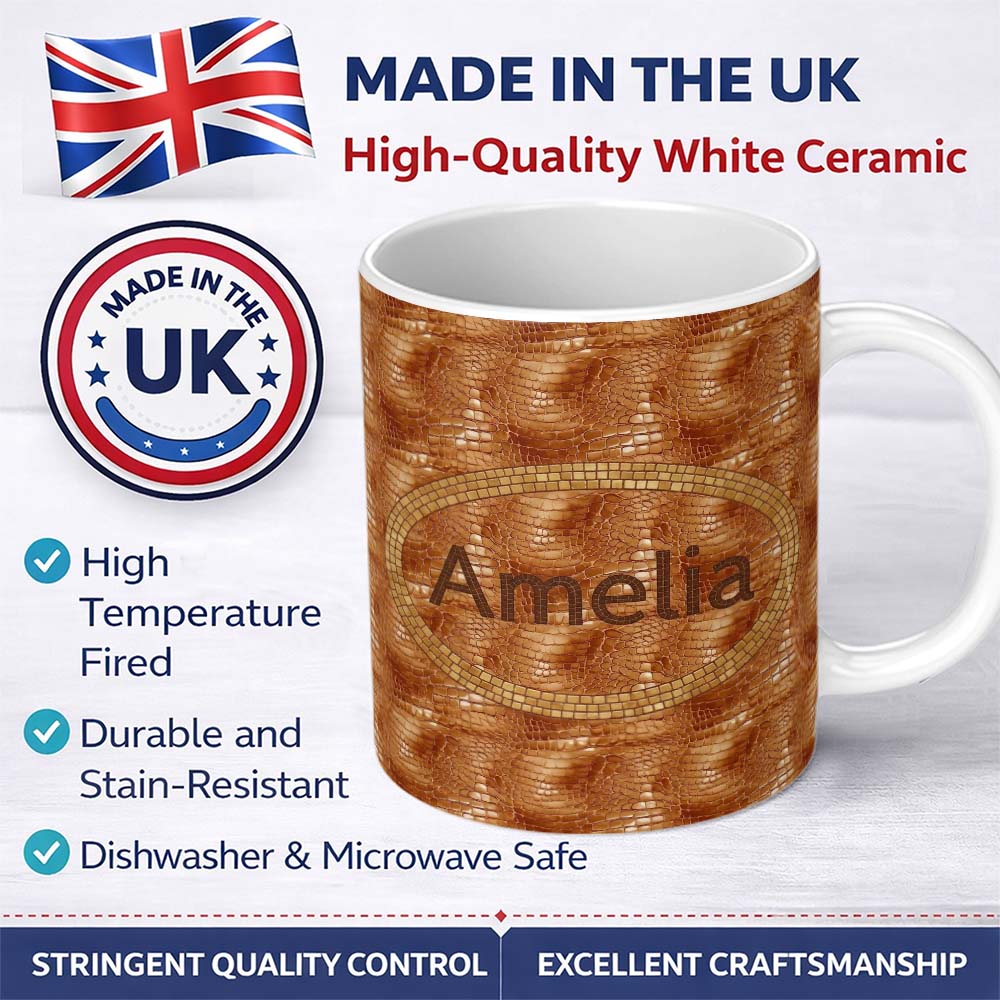 Personalized Custom Name Glossy Tan Crocodile Texture Pattern Premium Leather Look Design 11oz Ceramic Coffee Tea Mug White Large Handle