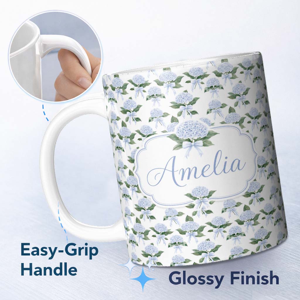 Personalized Custom Name Blue Hydrangea Bouquet Ribbon Floral Seamless Pattern Lovely 11oz Ceramic Coffee Tea Mug White Large Handle