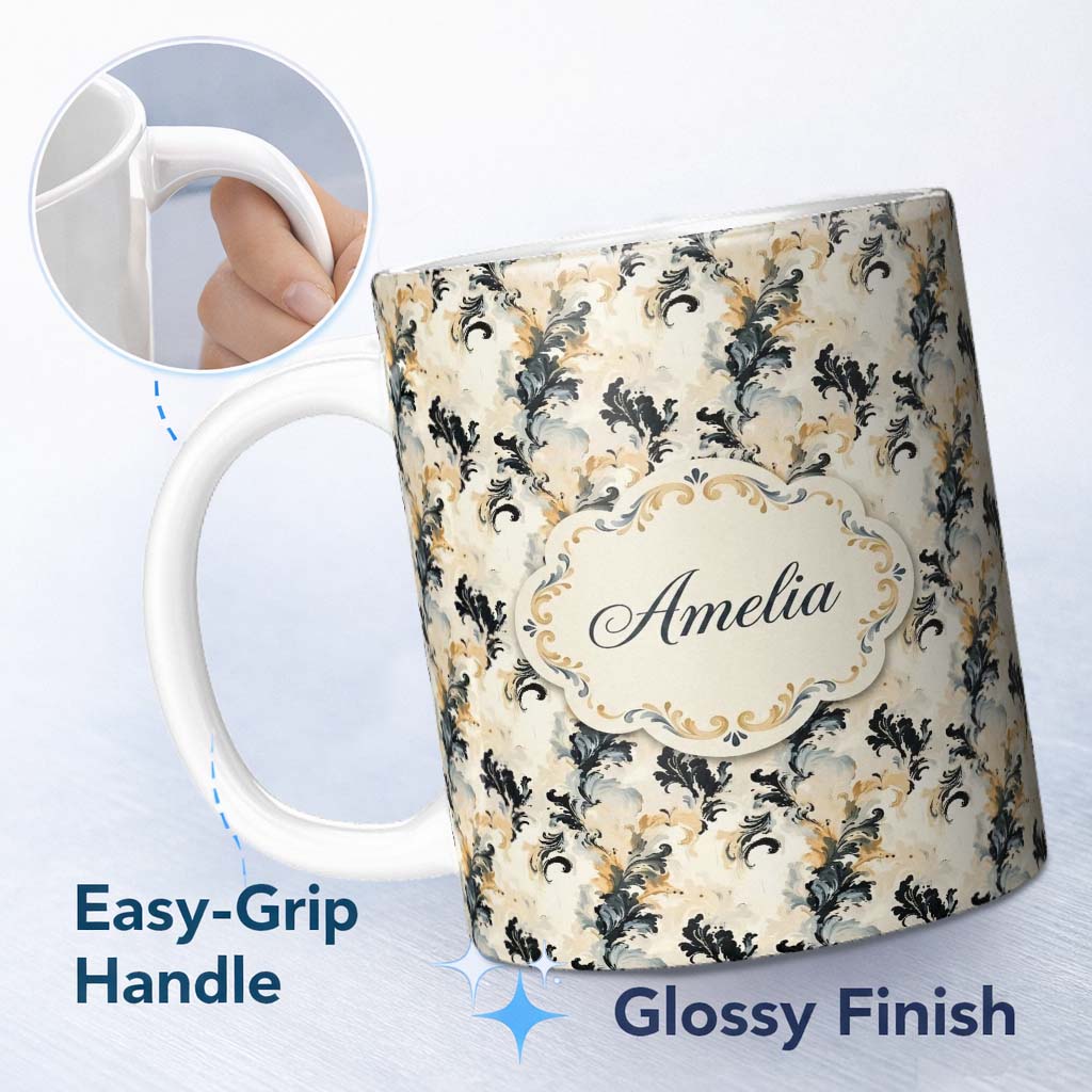 Personalized Custom Name Classic Beige Black Ornamental Damask Seamless Pattern Vintage 11oz Ceramic Coffee Tea Mug White Large Handle