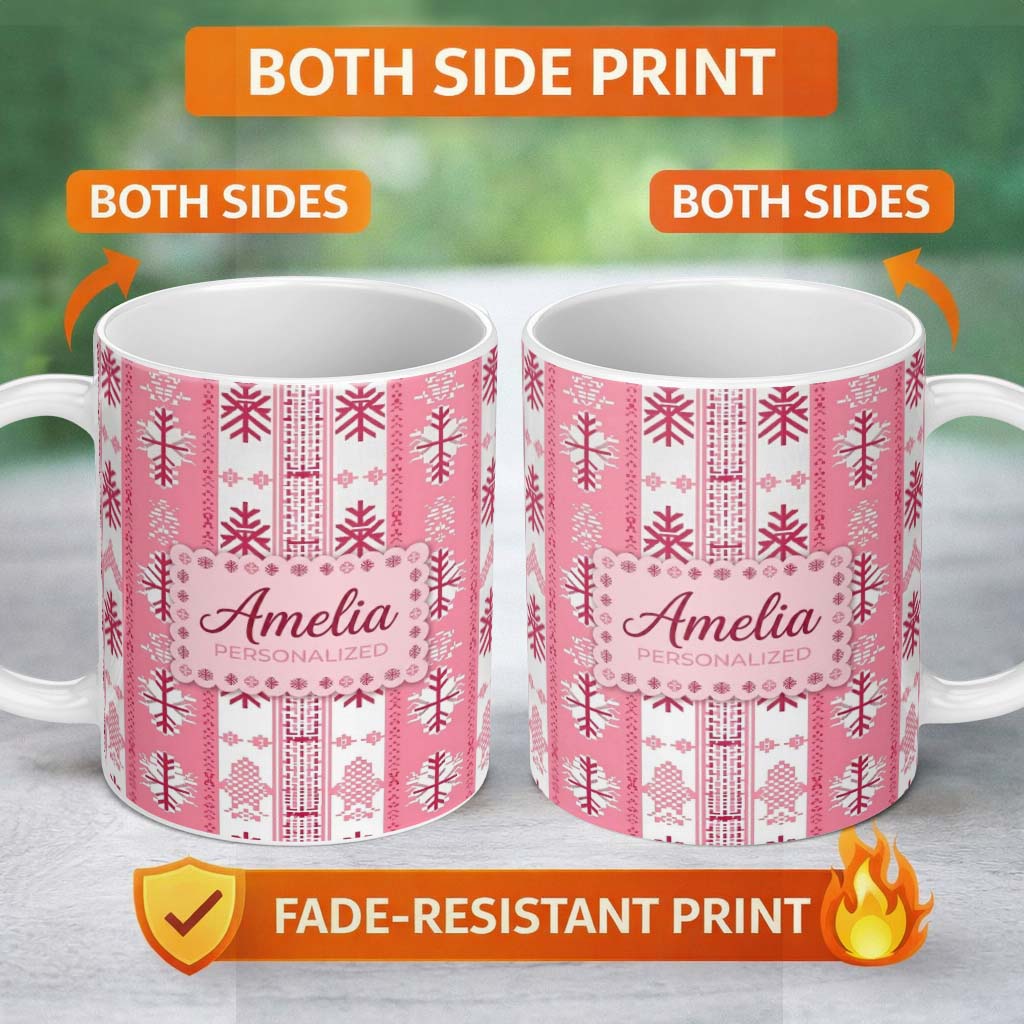 Personalized Custom Name Scandinavian Pink Snowflake Nordic Seamless Pattern Cute Unique Gift 11oz Ceramic Coffee Tea Mug White Large Handle