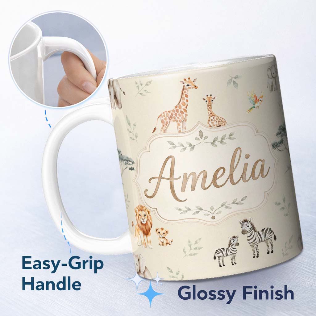 Personalized Custom Name Cute Safari Animals Giraffe Lion Zebra on Cream Background Seamless 11oz Ceramic Coffee Tea Mug White Large Handle