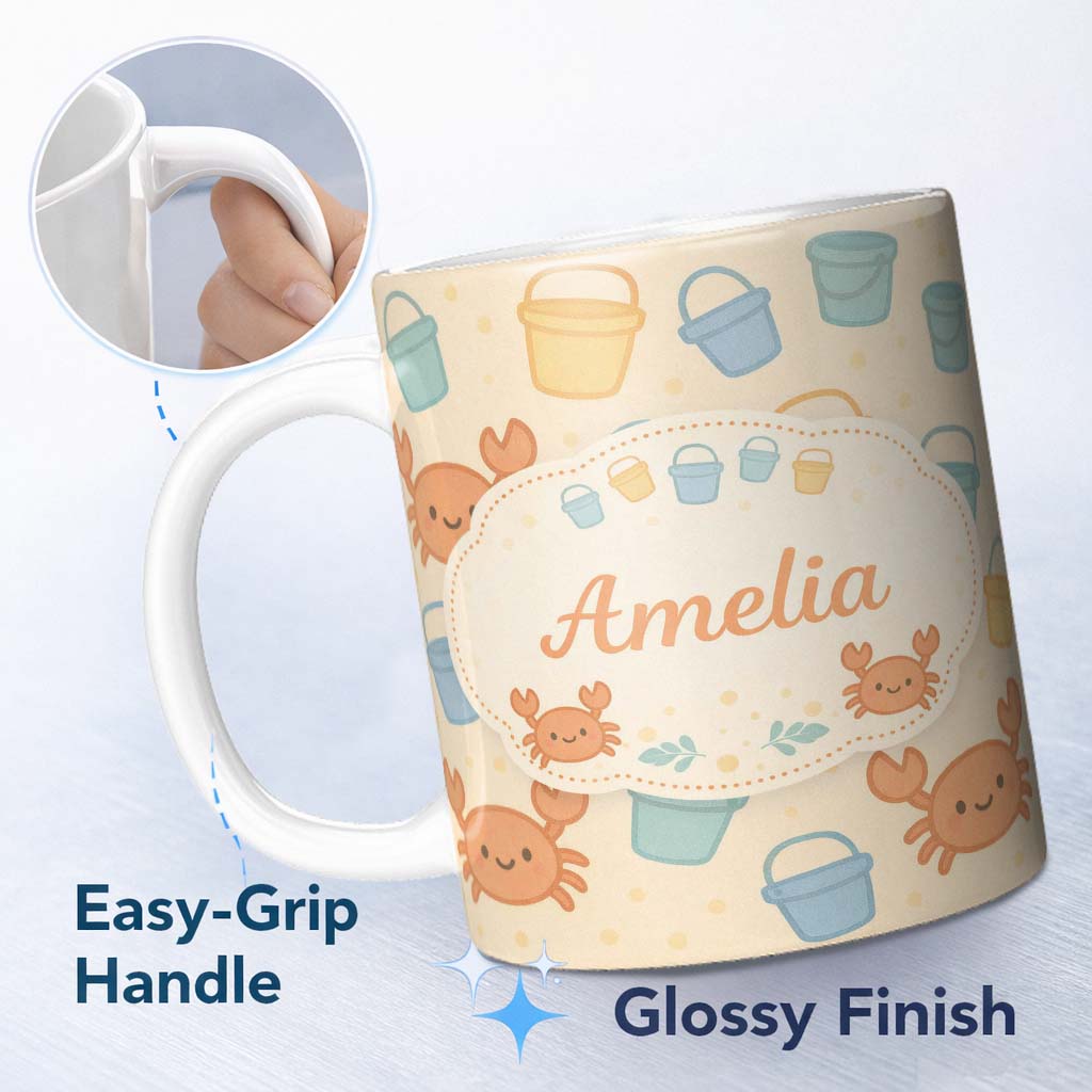 Personalized Custom Name Cute Crab Bucket Beach Cartoon Animal Pattern Cute Unique Gift 11oz Ceramic Coffee Tea Mug White Large Handle