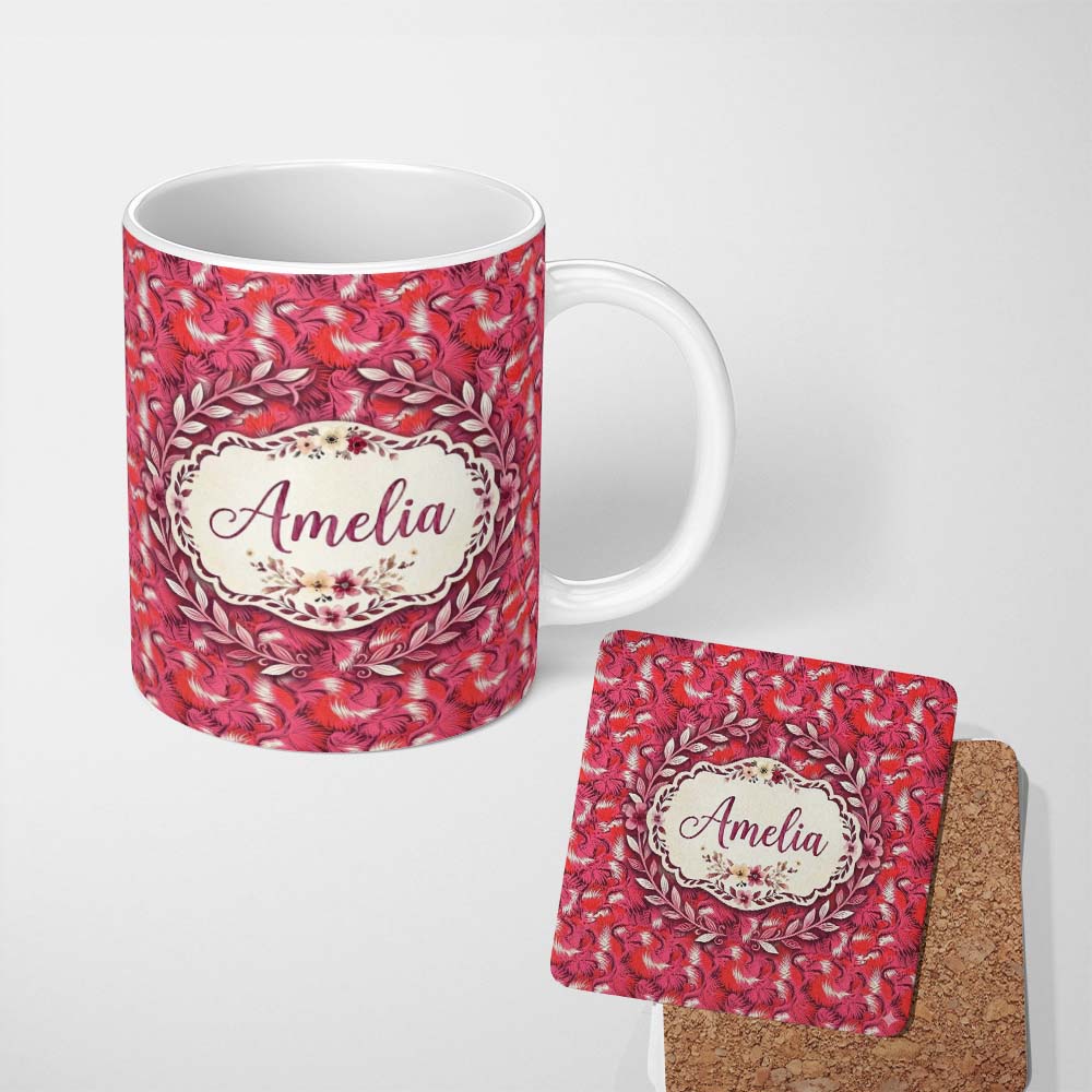 Personalized Custom Name Bold Red Flamingo Birds Tropical Pattern Seamless Design Lovely 11oz Ceramic Coffee Tea Mug White Large Handle