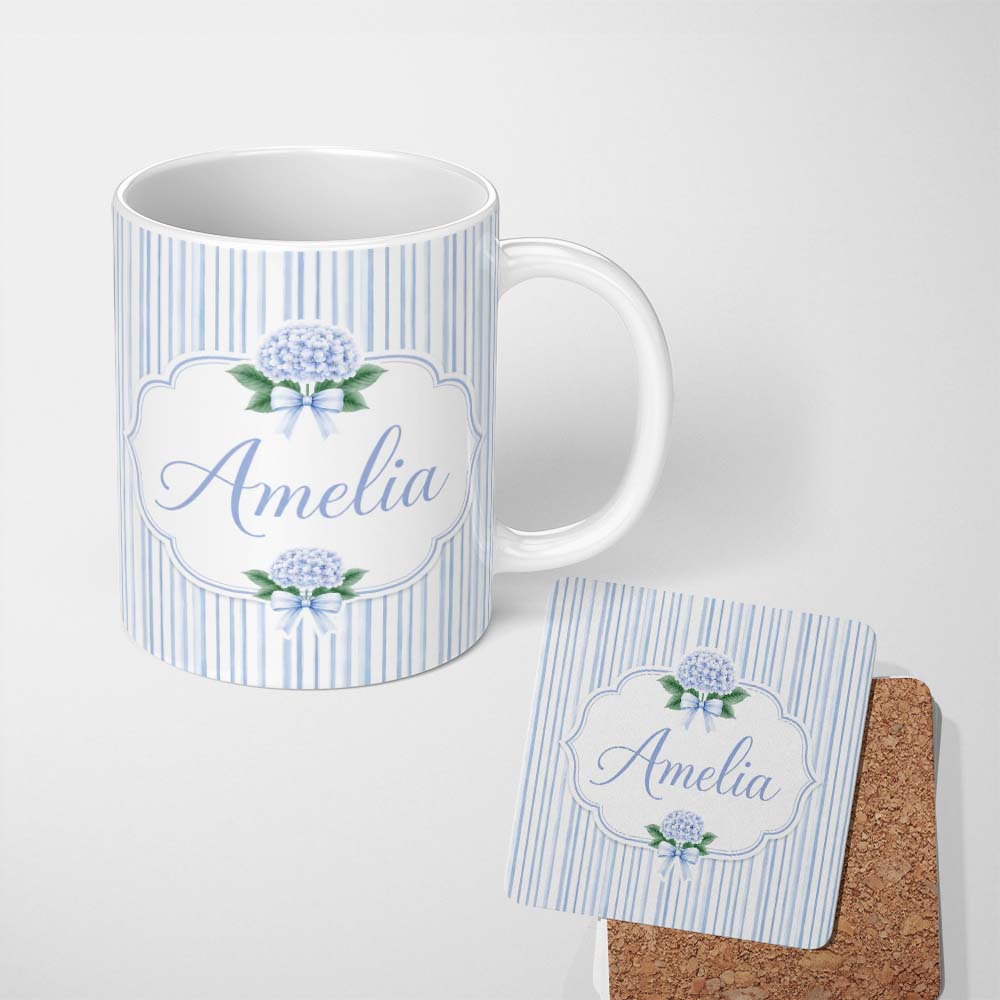 Personalized Custom Name Blue Vertical Stripe Classic Seamless Pattern Perfect Gift for Her 11oz Ceramic Coffee Tea Mug White Large Handle