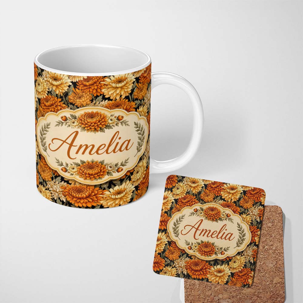 Personalized Custom Name Orange and Cream Chrysanthemum Floral Seamless Pattern on Black 11oz Ceramic Coffee Tea Mug White Large Handle