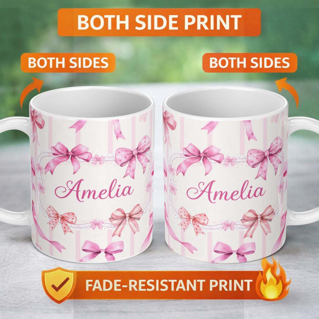 Personalized Custom Name Watercolor Pink Ribbon Bow Seamless Pattern with Blush Pink Stripes 11oz Ceramic Coffee Tea Mug White Large Handle