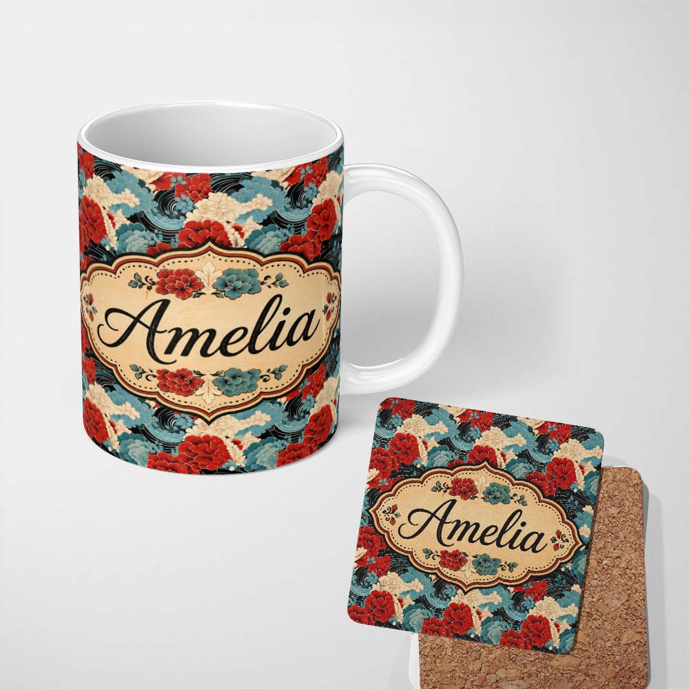 Personalized Custom Name Japanese Style Floral Waves with Red Blue and Cream Blossoms Lovely 11oz Ceramic Coffee Tea Mug White Large Handle