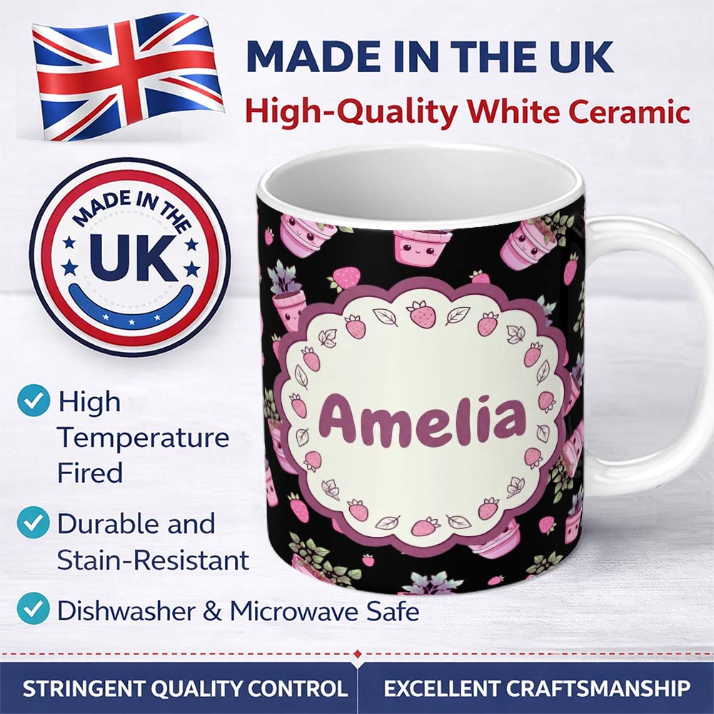 Personalized Custom Name Cute Pink Plant Pots Leaves Strawberry Seamless Pattern Dark Lovely 11oz Ceramic Coffee Tea Mug White Large Handle