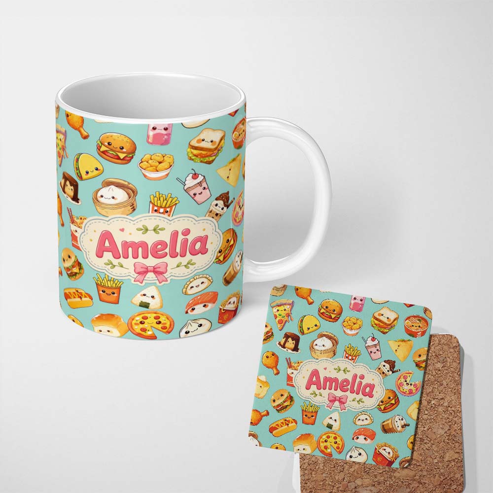 Personalized Custom Name Kawaii Fast Food Burger Sushi Taco Pizza Teal Seamless Pattern Name 11oz Ceramic Coffee Tea Mug White Large Handle