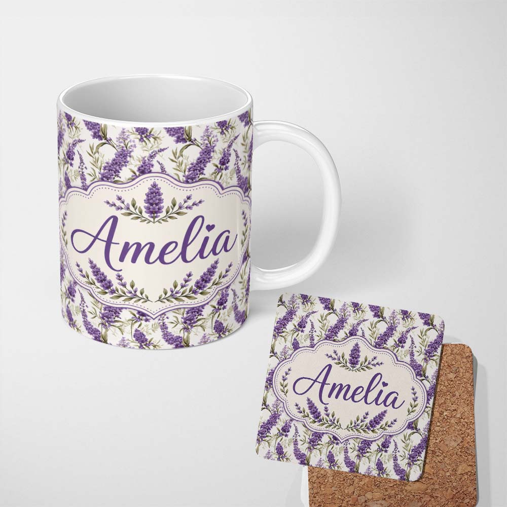 Personalized Custom Name Elegant Lavender Sprigs Botanical Repeat on Soft Neutral Background 11oz Ceramic Coffee Tea Mug White Large Handle