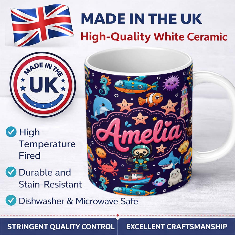 Personalized Custom Name Cartoon Ocean with Various Sea Creatures on Rich Purple Background 11oz Ceramic Coffee Tea Mug White Large Handle