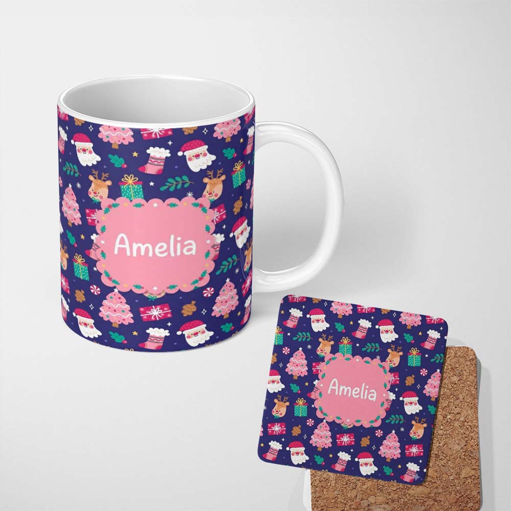 Personalized Custom Name Cute Santa Reindeer Christmas Tree Gift Seamless Pattern Lovely 11oz Ceramic Coffee Tea Mug White Large Handle
