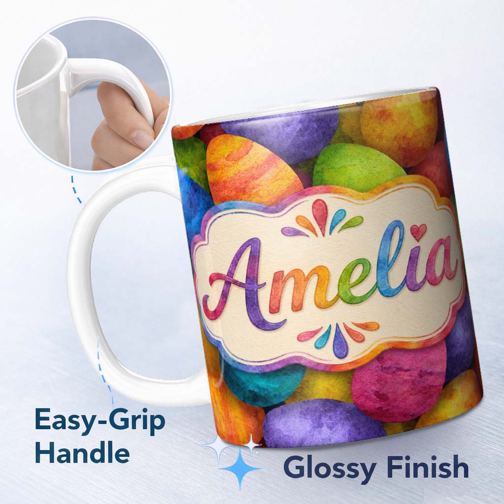 Personalized Custom Name Bright Watercolour Easter Egg Pattern in Vibrant Multicolour Tones 11oz Ceramic Coffee Tea Mug White Large Handle