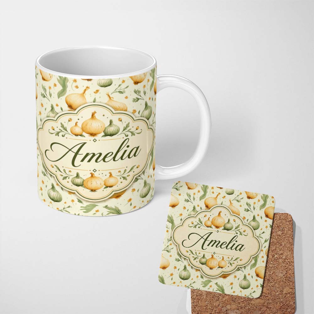 Personalized Custom Name Watercolor Onion and Herb Seamless Pattern Light Botanical Kitchen 11oz Ceramic Coffee Tea Mug White Large Handle