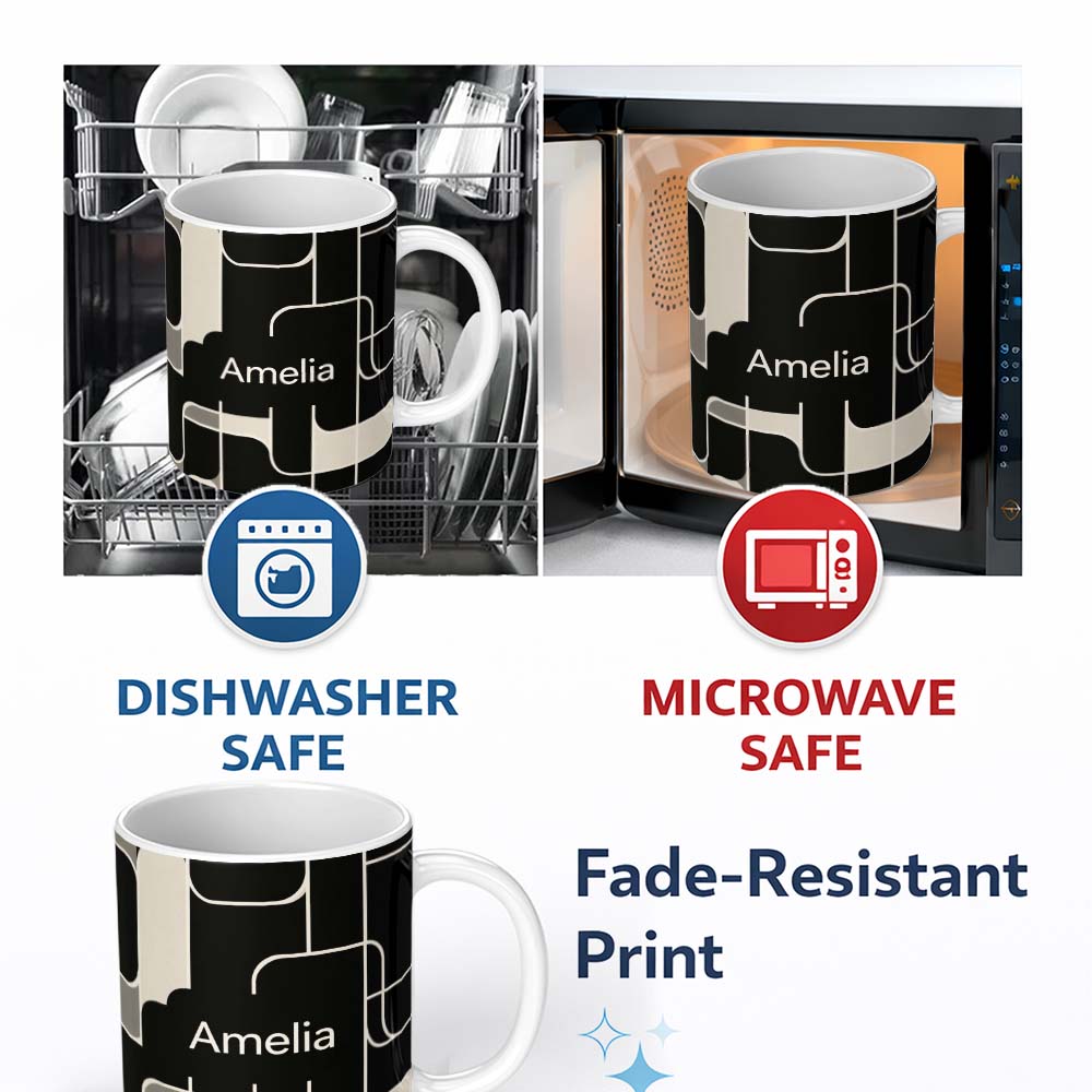 Personalized Custom Name Contemporary Line Grid Black Cream Abstract Outline Pattern Lovely 11oz Ceramic Coffee Tea Mug White Large Handle