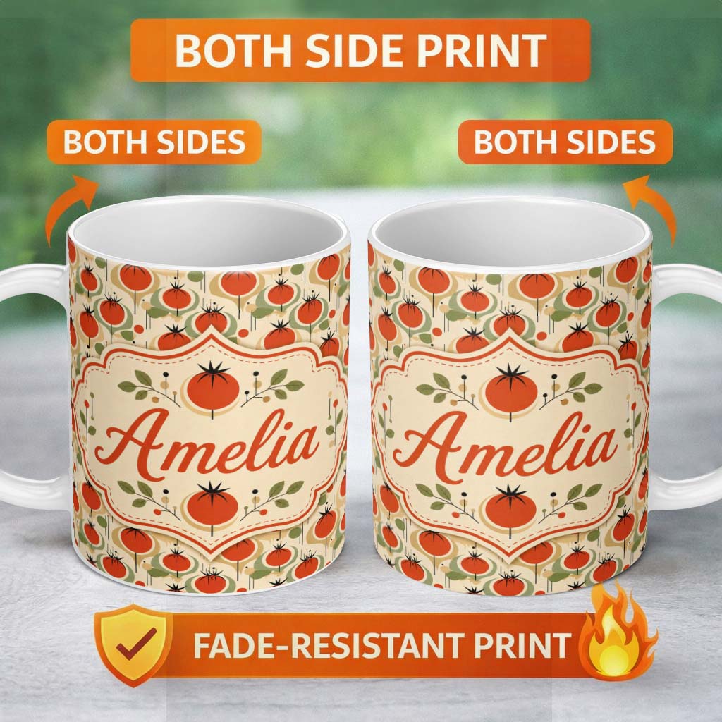 Personalized Custom Name Mid Century Modern Tomato Circles Abstract Seamless Pattern Lovely 11oz Ceramic Coffee Tea Mug White Large Handle