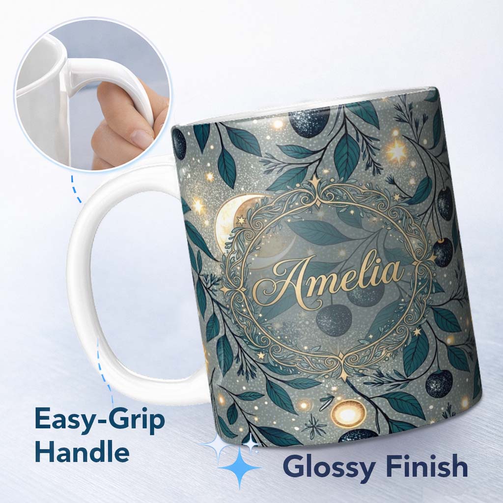 Personalized Custom Name Owl Moon Stars Night Sky Botanical Seamless Pattern Cute Unique Gift 11oz Ceramic Coffee Tea Mug White Large Handle