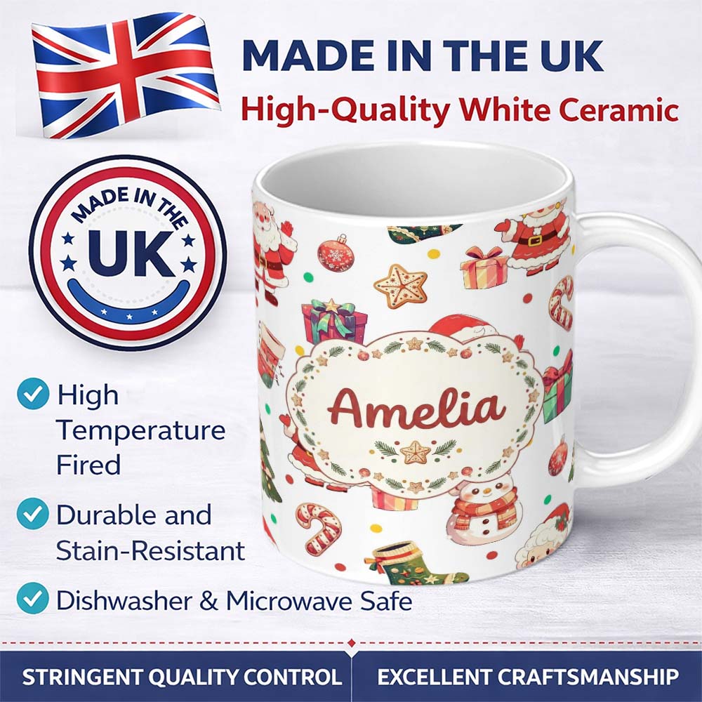 Personalized Custom Name Cute Santa Claus Mrs Claus Snowman Christmas Gift Candy Cane Lovely 11oz Ceramic Coffee Tea Mug White Large Handle