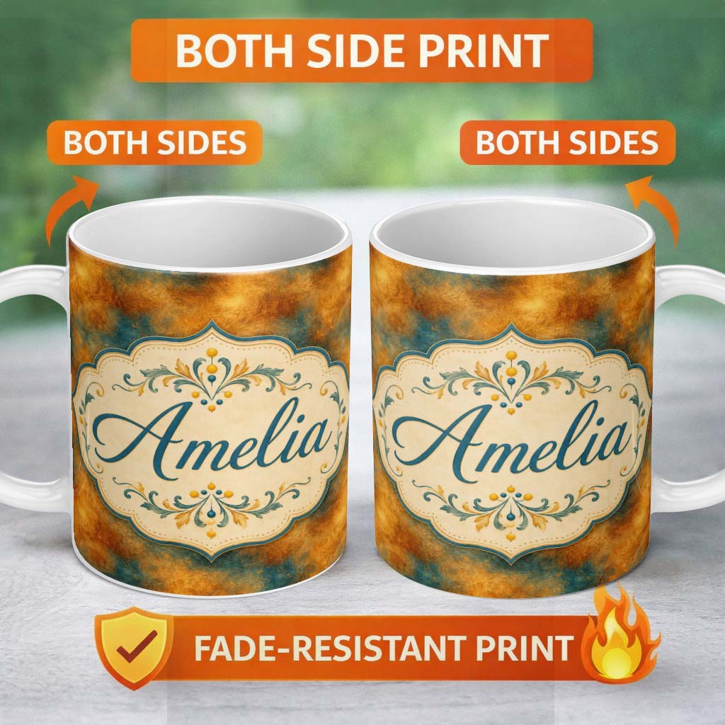 Personalized Custom Name Abstract Gold and Teal Oil Paint Texture Seamless Pattern Lovely 11oz Ceramic Coffee Tea Mug White Large Handle