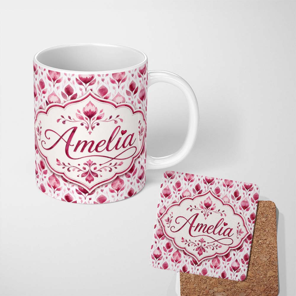 Personalized Custom Name Pink Watercolor Leaf Botanical Seamless Pattern Perfect Gift for Her 11oz Ceramic Coffee Tea Mug White Large Handle