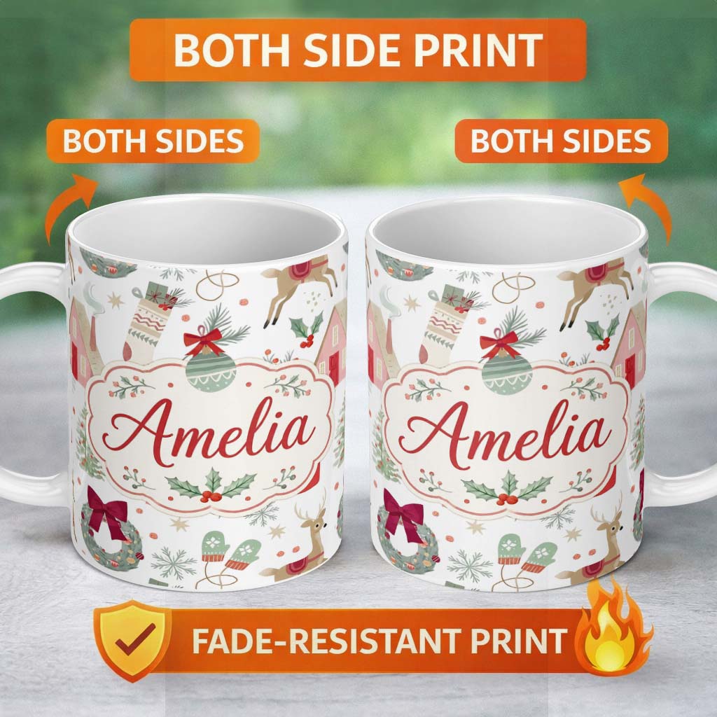 Personalized Custom Name Cozy Christmas Gifts Mug Stocking Holiday Seamless Pattern Lovely 11oz Ceramic Coffee Tea Mug White Large Handle