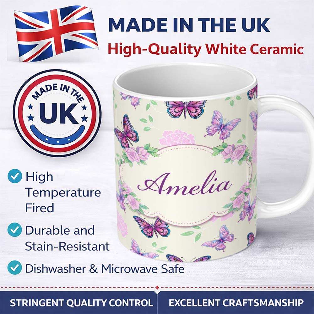 Personalized Custom Name Pink Purple Butterfly Floral Beige Background Seamless Pattern 11oz Ceramic Coffee Tea Mug White Large Handle