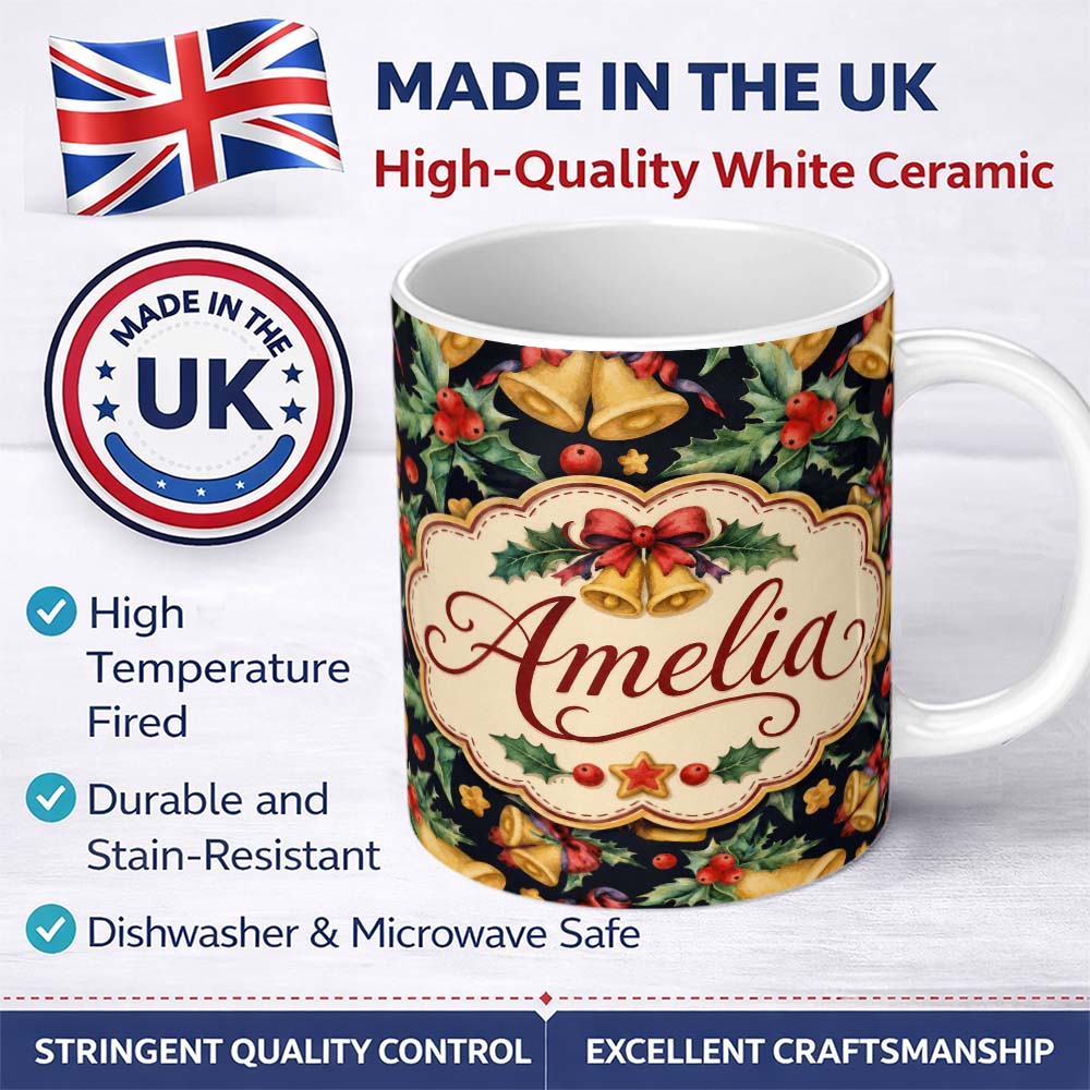 Personalized Custom Name Watercolor Festive Bells Holly Gift Ribbon Dark Seamless Pattern 11oz Ceramic Coffee Tea Mug White Large Handle