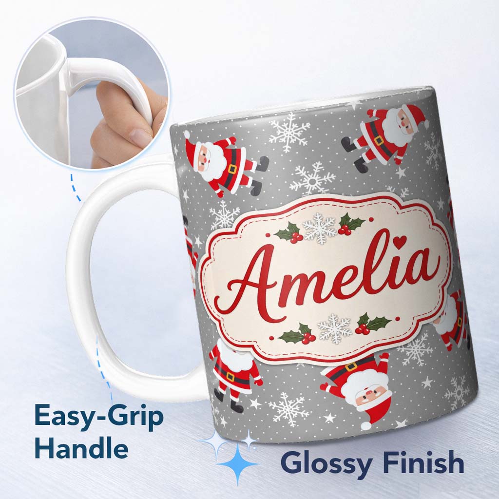 Personalized Custom Name Cute Santa Claus Snowflakes Grey Background Seamless Pattern Lovely 11oz Ceramic Coffee Tea Mug White Large Handle