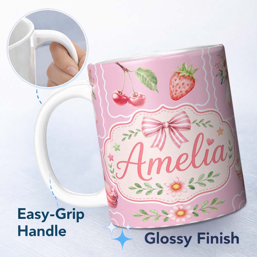 Personalized Custom Name Cute Strawberry Cherry Ribbon Bow Sweet Dessert Pattern Warm 11oz Ceramic Coffee Tea Mug White Large Handle
