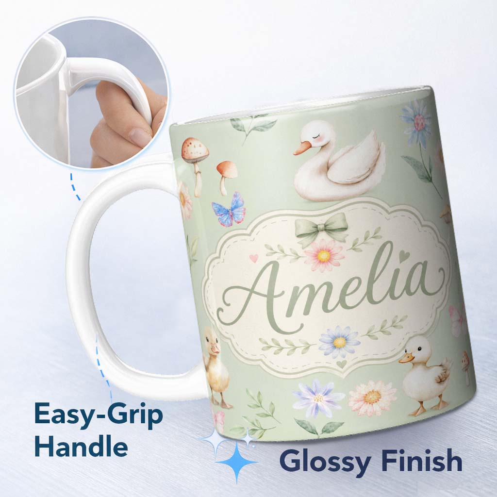 Personalized Custom Name Swan and Ducklings with Flowers Mushrooms Soft Sage Seamless 11oz Ceramic Coffee Tea Mug White Large Handle