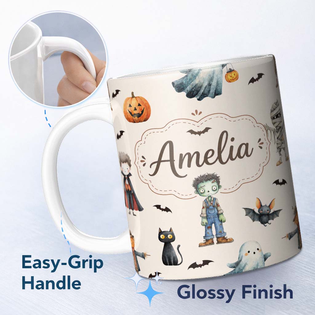 Personalized Custom Name Halloween Zombie Mummy Vampire and Bat Characters Beige Background 11oz Ceramic Coffee Tea Mug White Large Handle