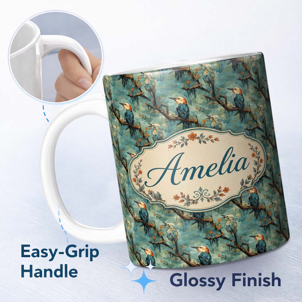Personalized Custom Name Painterly Blue and Orange Birds on Branch Seamless Pattern Lovely 11oz Ceramic Coffee Tea Mug White Large Handle