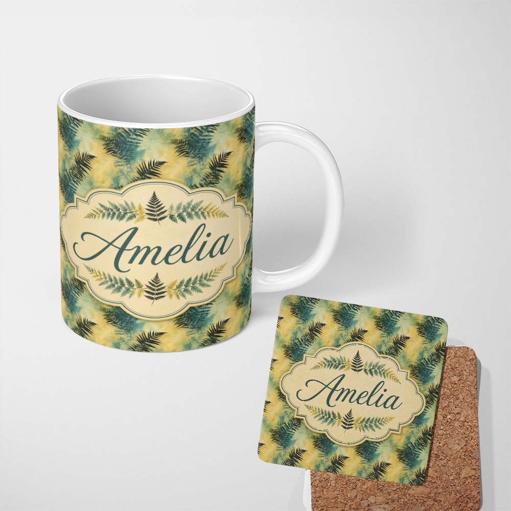 Personalized Custom Name Teal and Yellow Fern Abstract Botanical Seamless Pattern Lovely 11oz Ceramic Coffee Tea Mug White Large Handle
