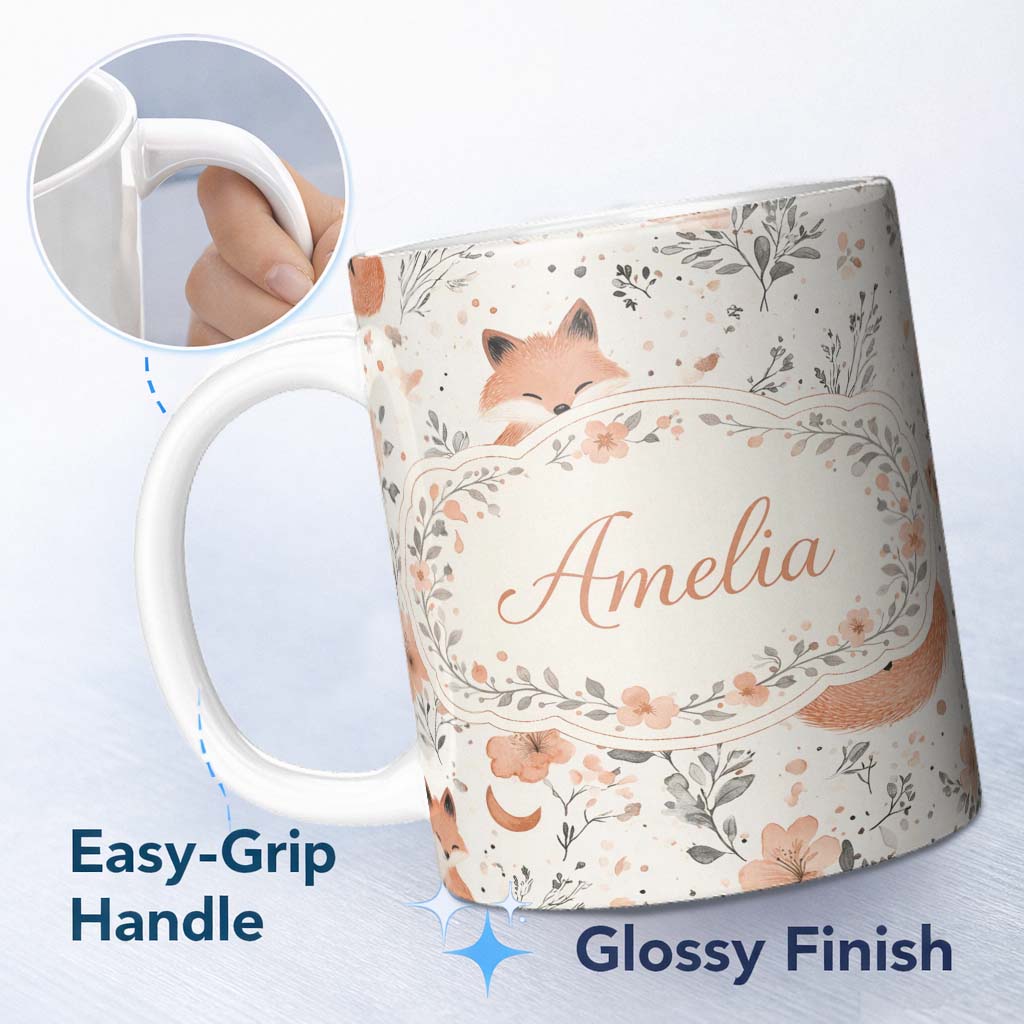Personalized Custom Name Cute Fox Floral Seamless Pattern Thoughtful Gift Idea Lovely 11oz Ceramic Coffee Tea Mug White Large Handle