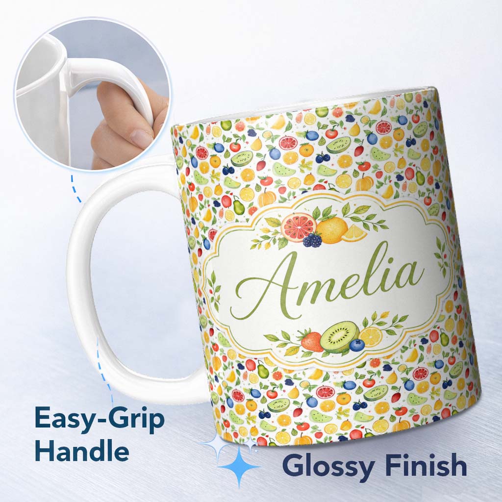 Personalized Custom Name Cute Hand Drawn Mixed Fruit Illustration Seamless Pattern Lovely 11oz Ceramic Coffee Tea Mug White Large Handle
