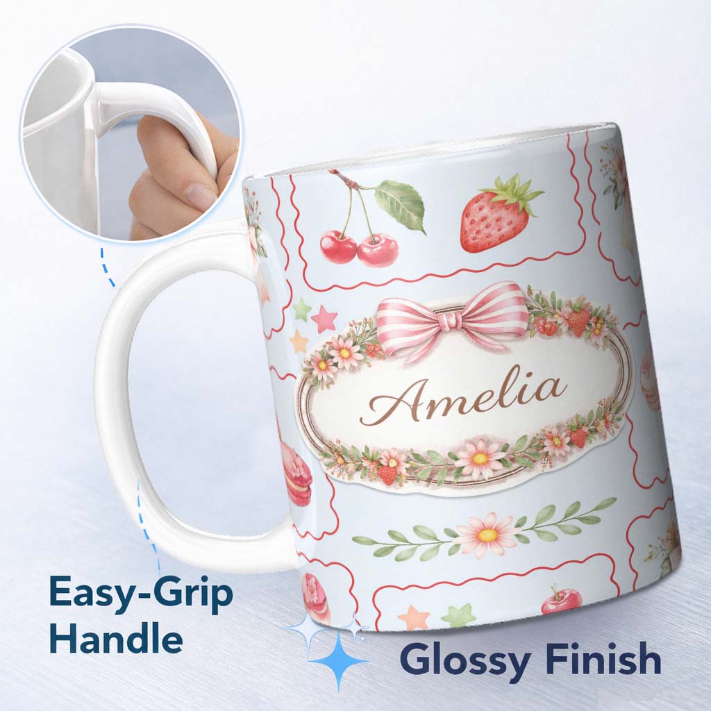 Personalized Custom Name Bear Postage Stamp Seamless Pattern Vintage Woodland Wildlife Design 11oz Ceramic Coffee Tea Mug White Large Handle