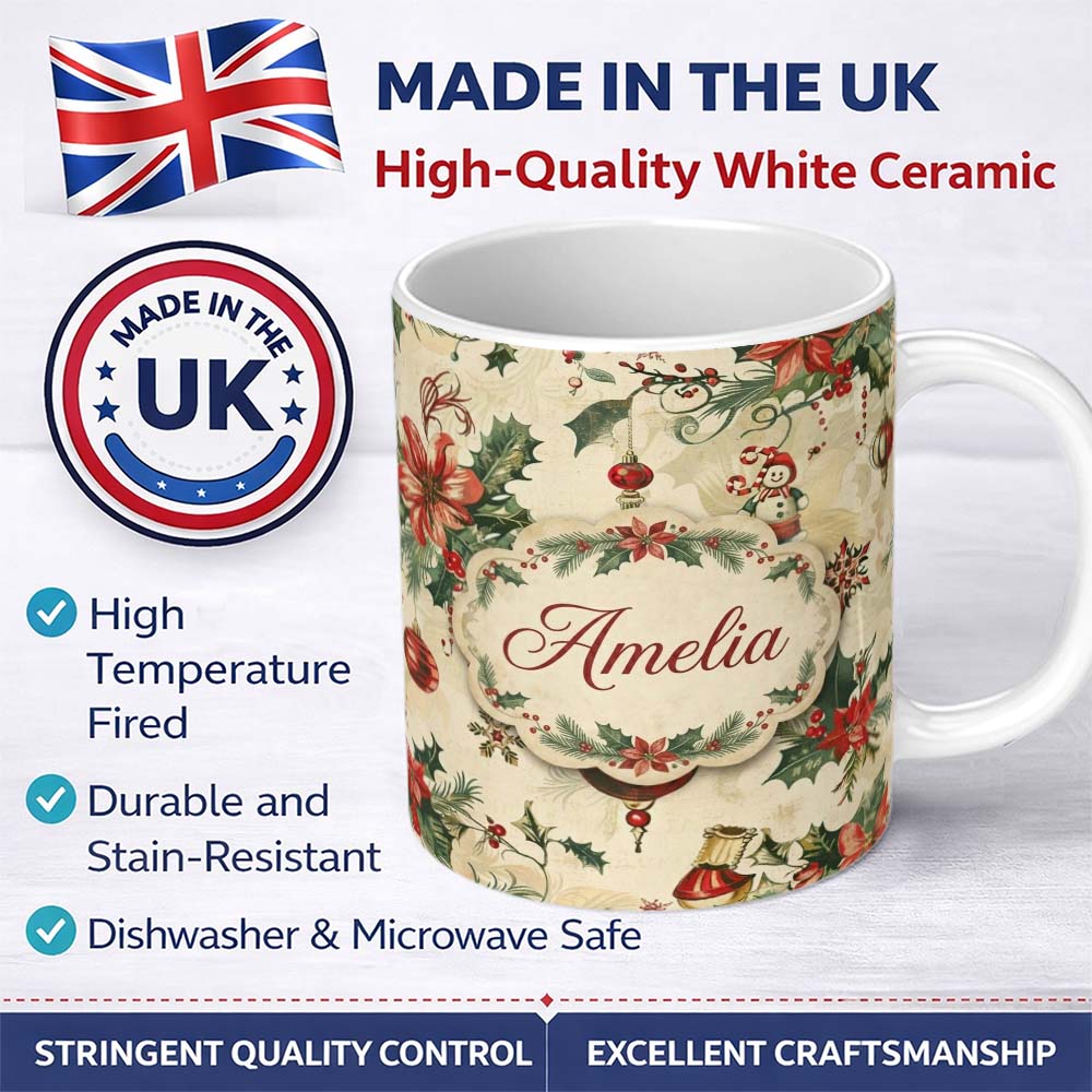 Personalized Custom Name Elegant Christmas Floral Holly Ornaments Snowflakes and Festive 11oz Ceramic Coffee Tea Mug White Large Handle