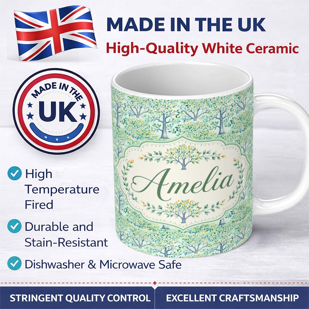 Personalized Custom Name Soft Blue Green Stylised Trees with Delicate Leaves Seamless Pattern 11oz Ceramic Coffee Tea Mug White Large Handle