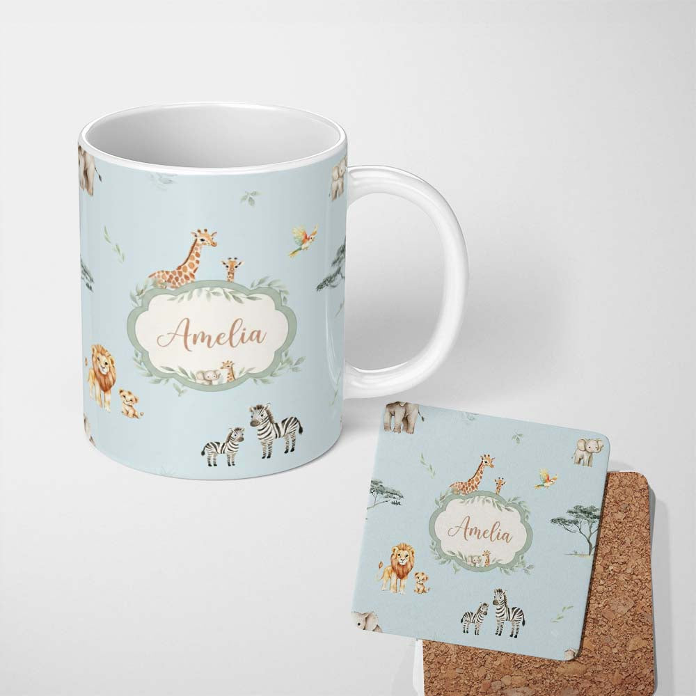 Personalized Custom Name Cute Safari Animals Giraffe Lion Zebra on Blue Background Seamless 11oz Ceramic Coffee Tea Mug White Large Handle
