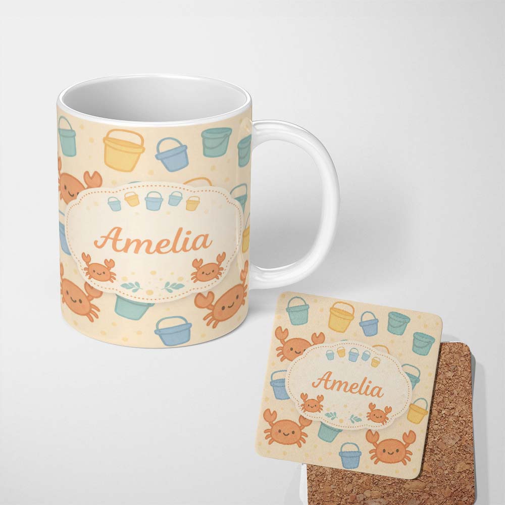 Personalized Custom Name Cute Crab Bucket Beach Cartoon Animal Pattern Cute Unique Gift 11oz Ceramic Coffee Tea Mug White Large Handle