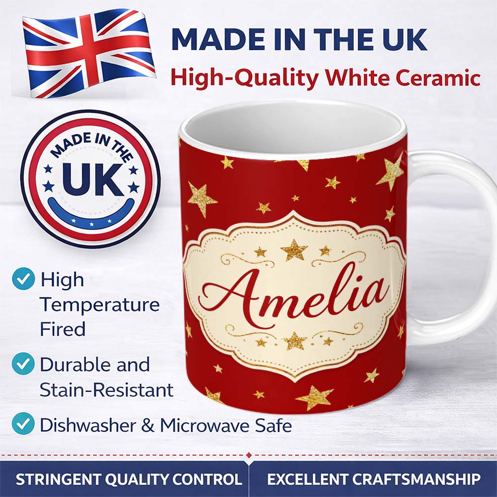 Personalized Custom Name Gold Glitter Stars on Red Background Seamless Pattern Design Festive 11oz Ceramic Coffee Tea Mug White Large Handle