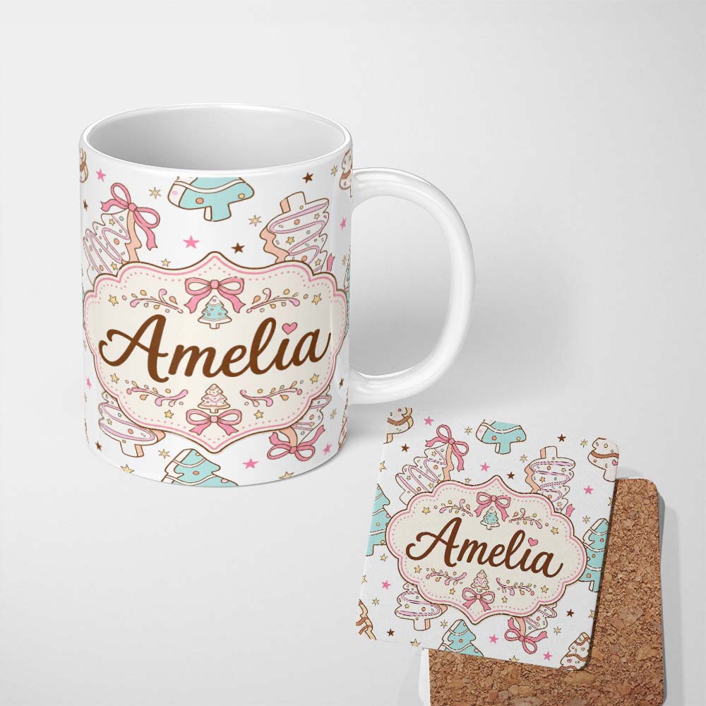Personalized Custom Name Cute Gingerbread Style Christmas Tree Cookies with Bows Seamless 11oz Ceramic Coffee Tea Mug White Large Handle
